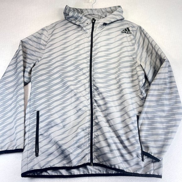 ADIDAS Womens XL Gray Striped Hooded Windbreaker Athletic Full Zip Pockets - Picture 1 of 13
